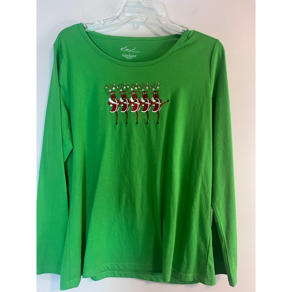 Kim Rogers Green Dancing Reindeer Christmas Long Sleeve Tee L